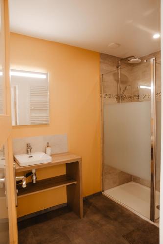 a bathroom with a sink and a shower at Chambre d'hôte en Gîte - Moulin de la Houssaie - Brocéliande in Guer