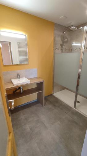 ein Bad mit einem Waschbecken und einer Dusche in der Unterkunft Chambre d'hôte en Gîte - Moulin de la Houssaie - Brocéliande in Guer