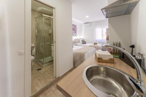 a bathroom with a sink and a bed in a room at Urban Rooms B&R in Málaga
