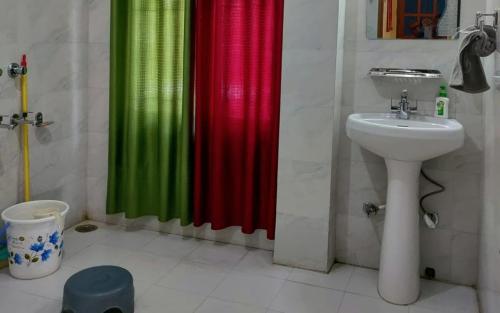 a bathroom with a shower curtain and a sink at Green Tara Homestay by StayApart in Tabo