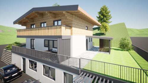 a rendering of a house with a balcony at Appartements Kuckuck Leogang in Leogang