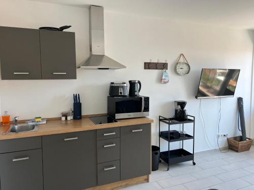 a kitchen with a counter top with a microwave at Strandhaus Rose Apartement 32 in Juist