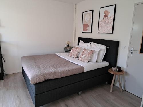 a bedroom with a black bed with two pink pillows at Stad & Strand Studio in Middelburg