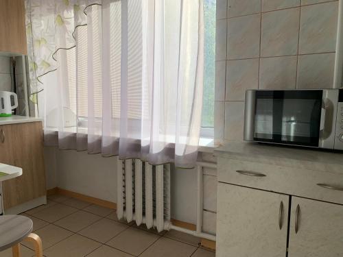 a kitchen with a microwave and a window at Уютные апартаменты недалеко от вокзала in Kyiv