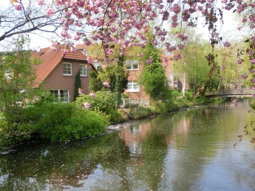 ブクステフーデにあるFerienwohnung Zentrum Buxtehudeのピンクの花の家の前の川