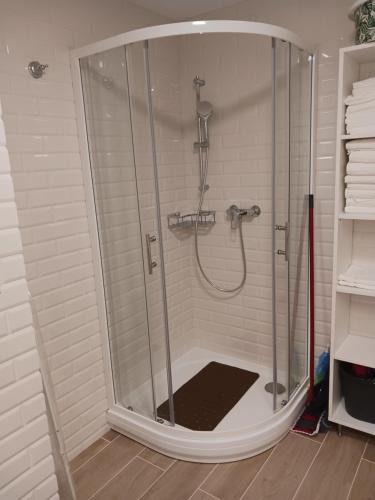 a shower with a glass enclosure in a bathroom at APARTMÁN in Turčianske Teplice