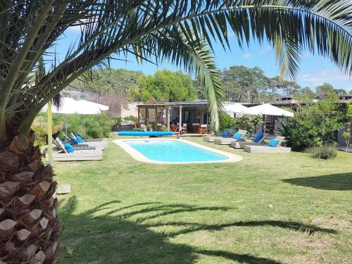a pool in a yard with chairs and a palm tree at La Bonita Suites Punta Colorada in Punta Colorada