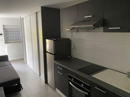 Il comprend une cuisine équipée d'un comptoir noir et d'un réfrigérateur. dans l'établissement Studio moderne entièrement rénové., à Freistroff