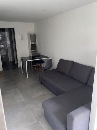 un salon avec un canapé et une table dans l'établissement Studio moderne entièrement rénové., à Freistroff