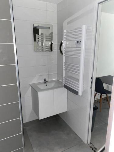 Baño blanco con lavabo y espejo en Studio moderne entièrement rénové., 