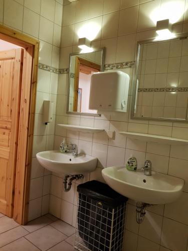een badkamer met 2 wastafels en een spiegel bij Hofcafé & Ferienhof Akkens in Greetsiel