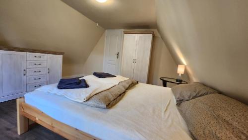 a bedroom with a bed in a attic at Jak Tu Sielsko in Osiek