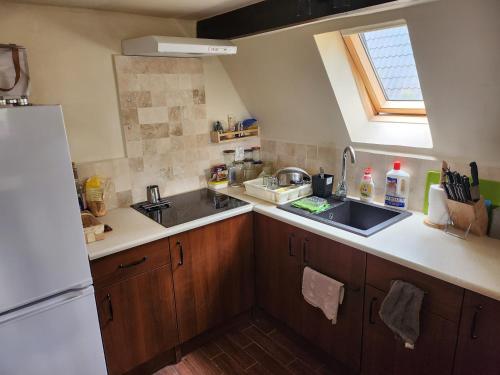 a small kitchen with a sink and a refrigerator at Jak Tu Sielsko in Osiek