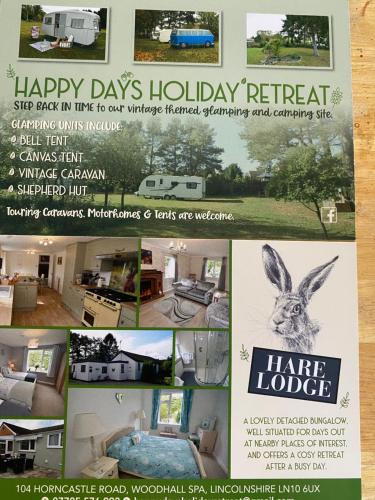 a collage of pictures of a flyer for a hare lodge at Amelia Vera in Lincolnshire