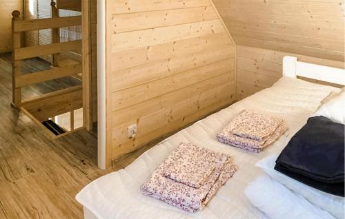 1 dormitorio con 2 camas en una habitación de madera en Lovely Home In Chlopy With Kitchen, en Chłopy