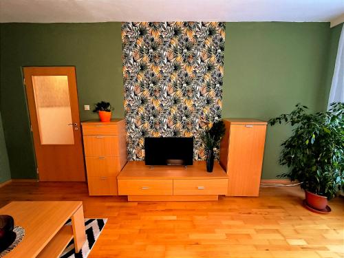 a living room with a tv sitting on a wooden cabinet at Apartmán Green in Nitra