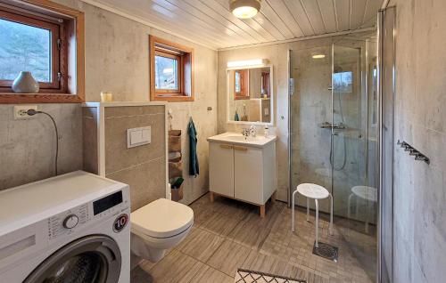 a bathroom with a shower and a washing machine at Gorgeous Home In Vikedal With Kitchen in Vikedal