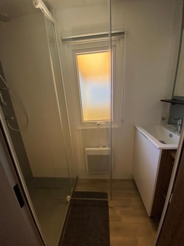 La salle de bains est pourvue d'une douche en verre et d'un lavabo. dans l'établissement Chez Greg et ilhem, à Lège-Cap-Ferret