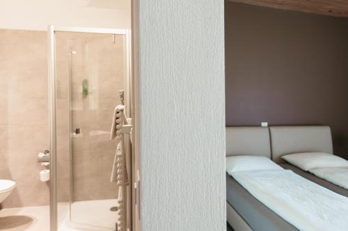 a bathroom with a shower next to a bed at Centro Magliaso in Magliaso