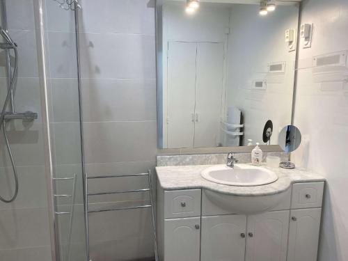 une salle de bain avec un lavabo et une douche avec un miroir dans l'établissement Appartement 3 pièces tout confort avec loggia fermée et équipements modernes, proche des Thermes - FR-1-553-208, à Balaruc-les-Bains