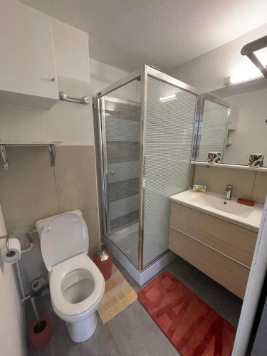 une salle de bain avec toilettes, douche et lavabo dans l'établissement Petit Cocon a deux pas de la mer, à Saint-Cyprien