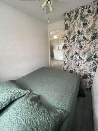 une chambre avec un lit avec une couette verte dans l'établissement Petit Cocon a deux pas de la mer, à Saint-Cyprien