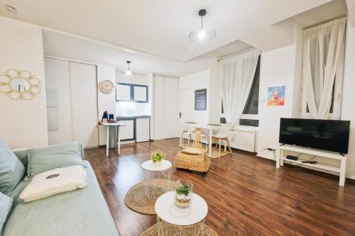 a living room with a couch and a tv at #L8 Le Montorge City center Studio Fully equipped in Grenoble