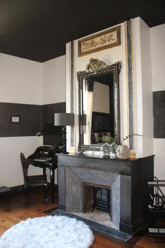 - un salon avec une cheminée et un miroir dans l'établissement Au Bonheur d'Alphonse, à Lusignan-Petit