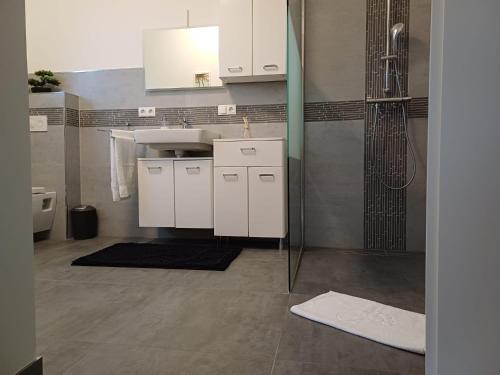 a bathroom with a sink and a shower at Haus Sonnenwinkel in Walsrode