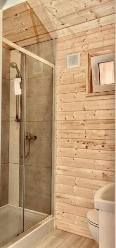 a bathroom with a shower and a toilet at Wczasowa Gąska in Gąski