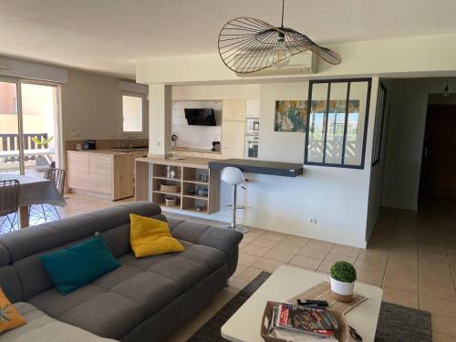 un salon avec un canapé et une cuisine dans l'établissement Appart de standing avec piscine, à Saint-Cyprien