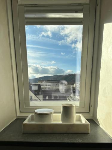 a window with two bowls on a shelf in front of it at Modern Elegance in historical City Center in Trier