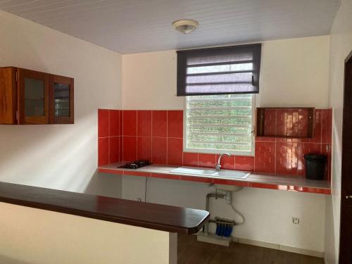 a kitchen with red tiles and a sink and a window at Hotel La Villa Morena in Oiapoque