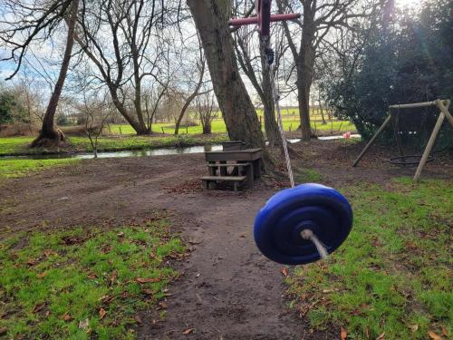a blue tire swing in a park with a bench at 17th-Century1Bed Studio PetsOk Garden Wifi in Elkesley