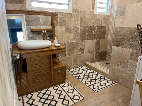 W łazience znajduje się umywalka i prysznic. w obiekcie Les panoramiks des Makes w mieście Saint-Louis