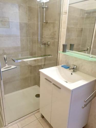 une salle de bain avec une douche, un lavabo et un miroir dans l'établissement Appartement en rez de villa vue mer, à Monticello