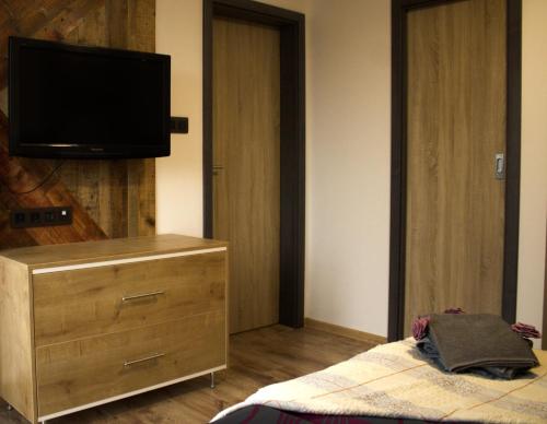 ein Schlafzimmer mit einem TV und einer Kommode mit einem Bett in der Unterkunft Chata POD HOUBOVÝM VRCHEM 2 in Horní Planá