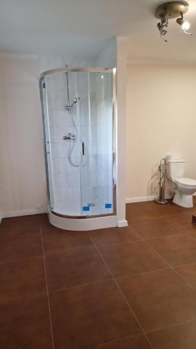 uma casa de banho com uma cabina de duche em vidro e um WC. em Agroturystyka Nad Cichą em Polanica-Zdrój