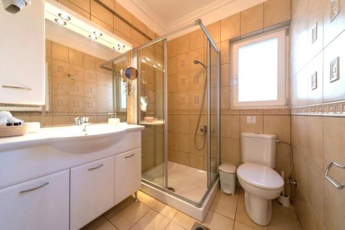 a bathroom with a shower and a toilet and a sink at Nautilus Luxury Suites in Galaxidi