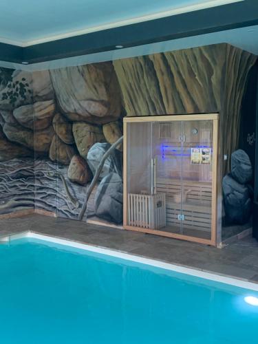 un mur de piscine à côté d'une peinture murale dans l'établissement Logement 4 personnes avec piscine intérieure 31 degrés zoo de la FLECHE 24 h du Mans, à La Flèche