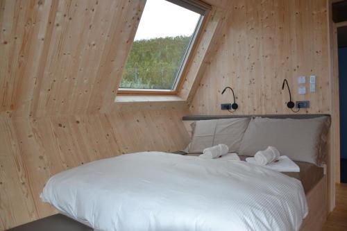 a bedroom with a large bed with a window at Glamping Alvearium Alturis in Gagliano