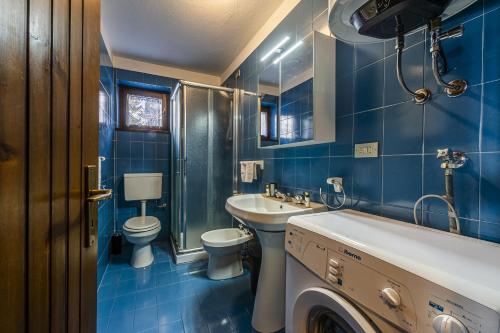 ein blaues Bad mit einem Waschbecken und einem WC in der Unterkunft Appartamento Anne in Entrèves