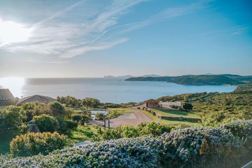 a view of the ocean from a hill with flowers at PedrAmare Suite in Alghero