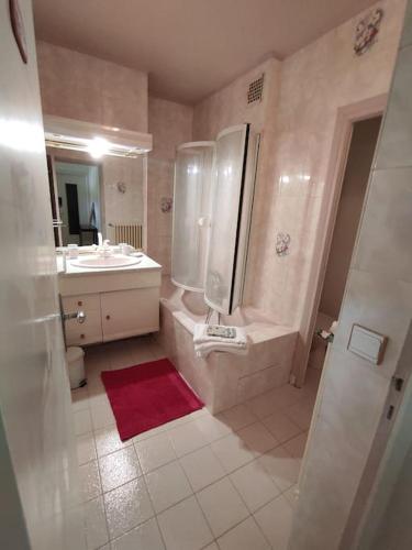 une salle de bain avec une baignoire, un lavabo et une douche dans l'établissement Appartement f3 en maison calme, à Amancy
