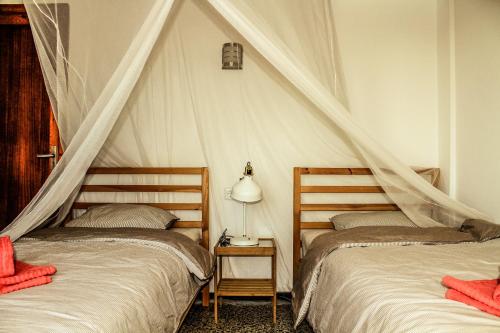 2 camas en un dormitorio con tienda de campaña en Villa Buena Vista, en Cala Pi