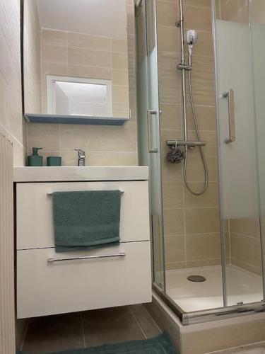 une salle de bain avec douche et lavabo dans l'établissement Eiffel Tour Cosy blue, à Paris