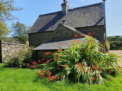 une vieille maison avec des fleurs devant elle dans l'établissement Knockanree Cottage-Quiet, tranquil country hideaway, à Avoca