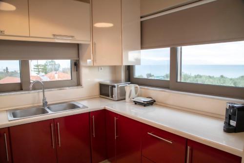 a kitchen with a sink and a microwave and two windows at Blue Diamond in Chrani