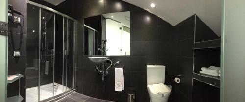 a bathroom with a shower and a toilet and a sink at Hotel Indiana in Pinto