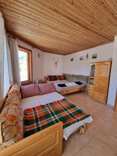 ein Wohnzimmer mit einem Sofa und einem Tisch in der Unterkunft Cozy & Spacious Pamporovo Villa in Stoykite